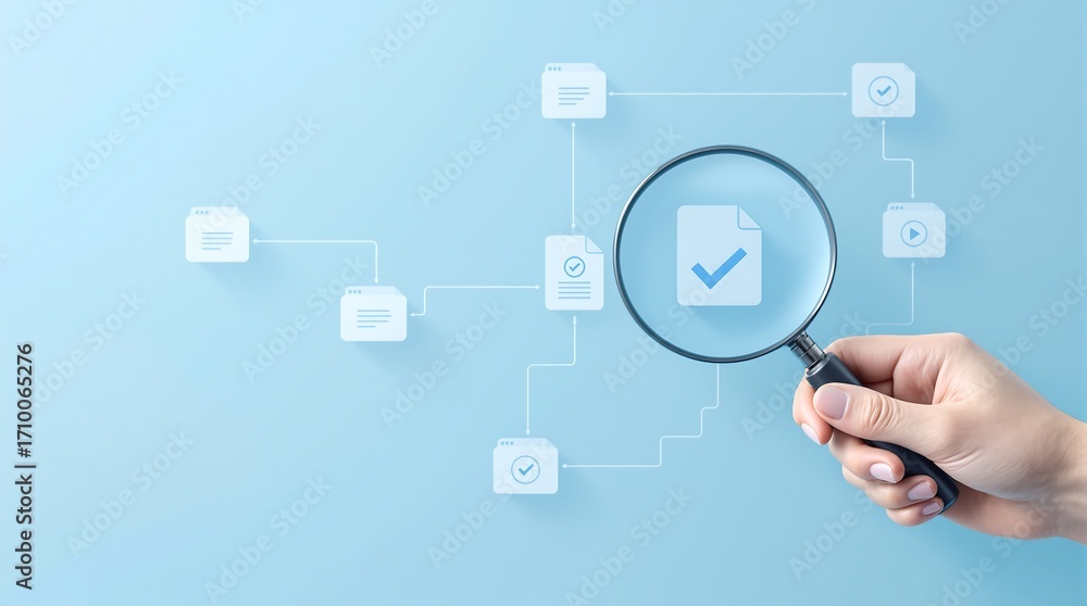 Poster document verification process concept hand holding magnifying glass over file with check mark icon