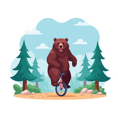 A brown bear skillfully rides a unicycle through a forest clearing with pine trees and rocks.