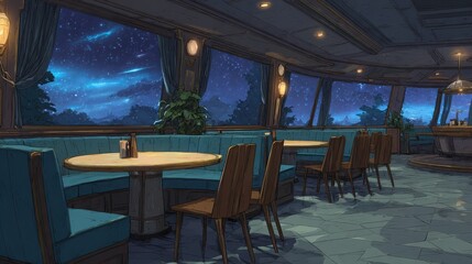 Fototapeta premium Cozy caf interior featuring turquoise seating and a starry night view through large windows.
