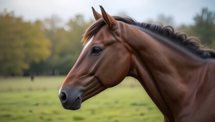 Fototapeta premium A majestic brown horse with a braided mane stands in a green field, facing left. The background features blurred trees under a cloudy sky.