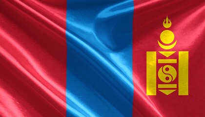 Mongolia flag with Soyombo symbol on red and blue vertical bands, representing cultural heritage and national strength.