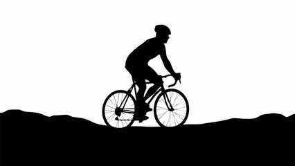Fototapeta premium Silhouette of a cyclist riding a bicycle on a hill against a white background in a simple black and white image
