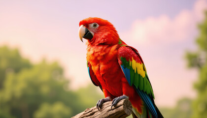 Fototapeta premium Scarlet macaw on branch, nature close-up, vibrant colors, warm pastel backdrop