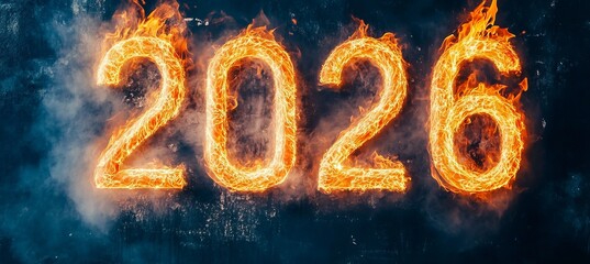 Fiery Countdown 2026 Ablaze with Burning Numbers on a Dark Smoky Backdrop, Symbolizing Time Ahead
