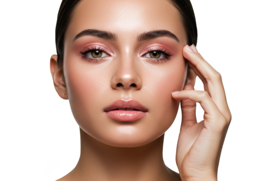 Glamorous woman with pink eyeshadow and subtle glow for makeup and beauty photography transparent background