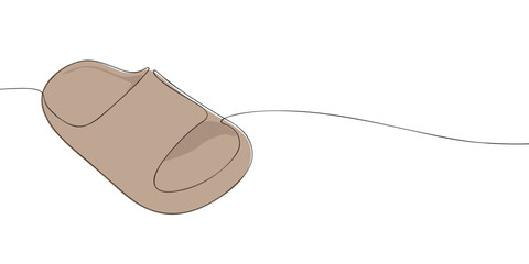 Continuous line drawing of a slide sandal. Minimal vector illustration of casual summer footwear for fashion, clothing, accessories, and shoe design template