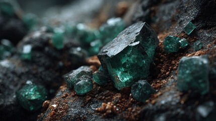 Macro shot reveals sparkling emerald crystals nestled on mineral-rich matrix