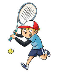 Child tennis player with racket and ball