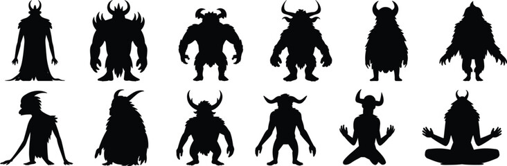 Monster silhouette illustrations, mythical creature icons, black and white clipart, fantasy character designs, beast bundle set, vector pack