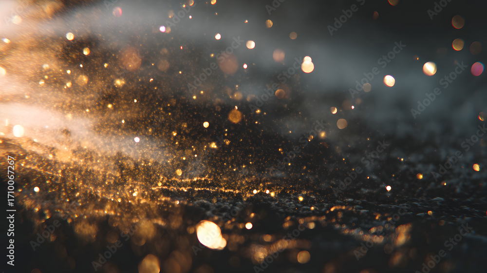 Poster sparkling bokeh dreamscape: a mesmerizing display of golden bokeh lights dances across a dark, textu