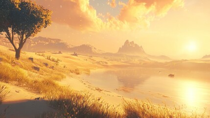 Fototapeta premium Serene sunset over a tranquil desert landscape with a lone tree and calm lake.