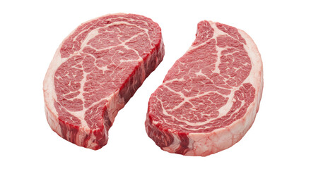 Two thick-cut raw beef steaks, deep red muscle, prominent marbling, moist, fresh, on stark white background with copy space, concept for high-quality food advertising