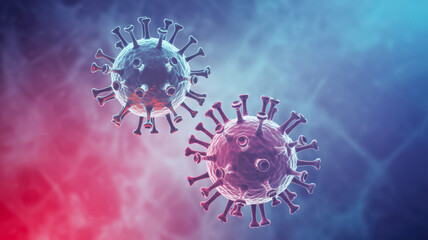 A close-up 3D rendering of two microscopic coronavirus particles with spiked protein projections against a blurred red and blue background.