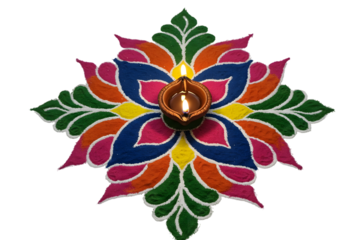 Colorful rangoli design with a traditional oil lamp in the center isolated on transparent background