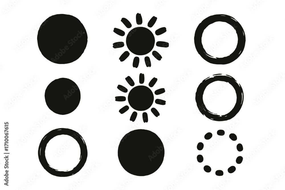 Poster black and white circular shapes arranged in patterns showcasing various designs and sizes