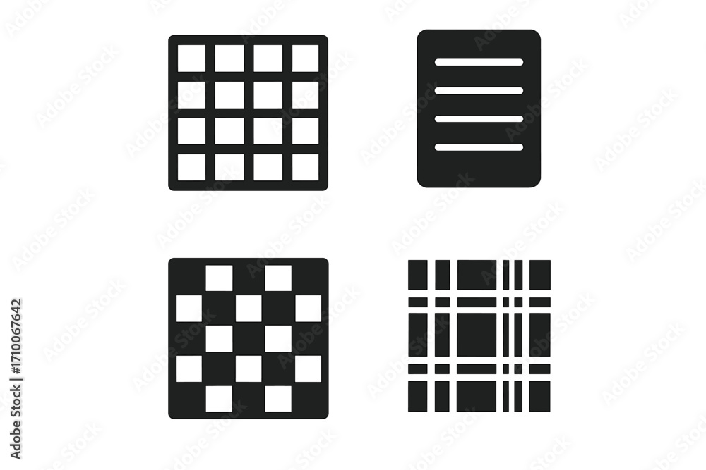 Poster different grid and pattern designs showcasing various styles and arrangements in black and white