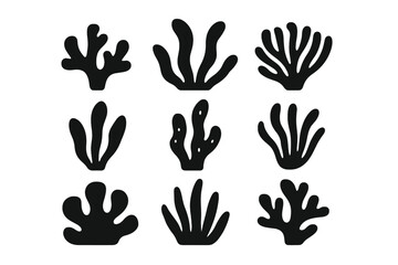 Creative black silhouette designs of various coral shapes arranged in a grid pattern on a plain background