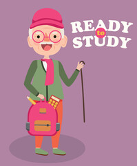 Ready To Study Illustration with Grandfather Wearing a Sweater, Hat,Scarf, and Holding School Bag