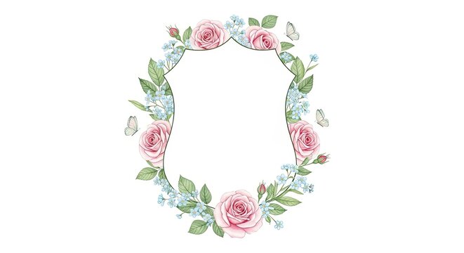 Oval floral frame with delicate pink roses and green leaves on a white background