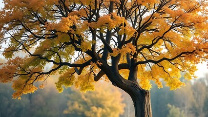 Two intertwined trees support each other in autumn, symbolizing family and change.