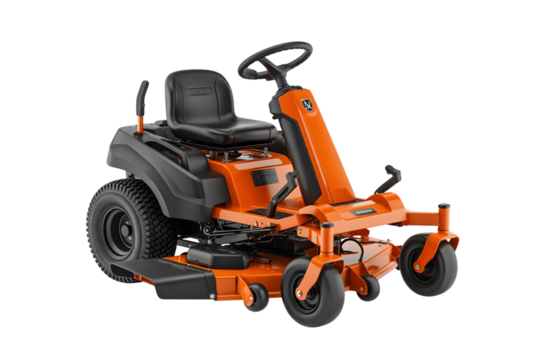 Orange zero turn lawn mower isolated on transparent background for landscaping