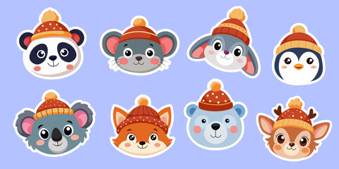 Set of stickers of winter cartoon animals in knitted hats - vector illustrations of cute characters for Christmas cards, kids stickers, holiday design and winter decor