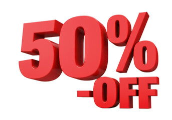 Bold red 50 percent off sale announcement with 3d text effect for promotions transparent background