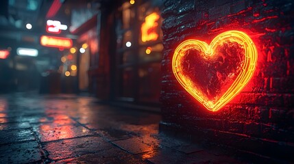 A vibrant neon heart sign glows on a wet brick wall along a dimly lit urban street at night with reflections on the wet pavement