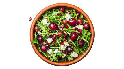 A bowl of salad with arugula red grapes pomegranate seeds and feta cheese on a black background