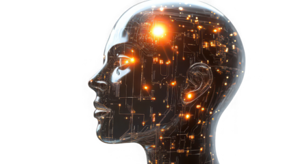 Side view of a transparent human head with internal circuitry and glowing lights on a black background