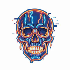 Neon skull illustration with glitch effect, vibrant colors, and dripping design elements.