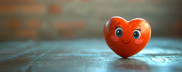 A cute cartoon style red heart character with large eyes and rosy cheeks sits on a wooden surface conveying a joyful and loving emotion