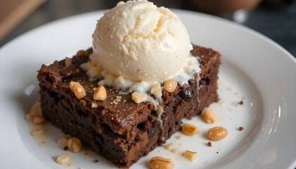 Chocolate brownie served warm with a scoop of vanilla ice cream and nuts.