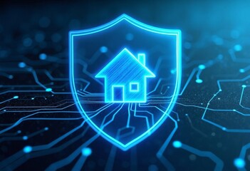 A digital shield icon with a house symbol, representing smart home protection and future technologies. The background features a network of circuits.