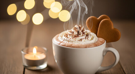 Steaming Hot Chocolate with Whipped Cream and Heart-Shaped Cookies
