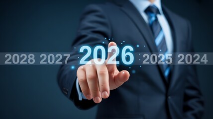 Businessman s hand touches the year 2026 on a futuristic digital display