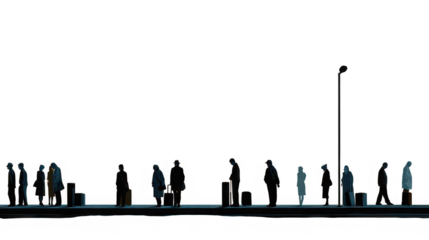 A dimly lit scene showing a group of people standing in a line at what appears to be a bus stop