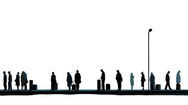 A dimly lit scene showing a group of people standing in a line at what appears to be a bus stop
