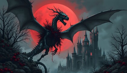 Majestic dragon soaring over a dark castle under a blood-red moon in a mystical realm during twilight Generative AI