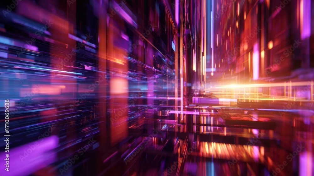 Poster abstract digital landscape showcasing vibrant colors and dynamic light trails in a futuristic settin