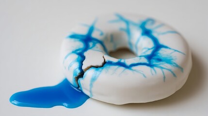 A donut is broken with white frosting and bright blue syrup. The syrup drips and pools on the white surface around the donut