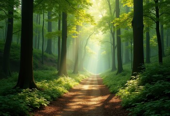 Serene PathwayThrough Lush Woodland Forest Tranquil Nature Scene Inviting Oasis of Greenery