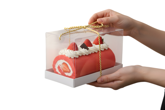Hands present a strawberry swiss roll cake in a clear plastic box isolated on transparent background
