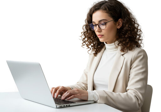 Focused young woman working on laptop computer wearing glasses and blazer professional business attire transparent background