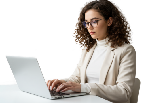 Focused young woman working on laptop computer wearing glasses and blazer professional business attire transparent background