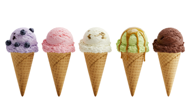 Six vibrant ice cream scoops (blueberry, strawberry, vanilla, pistachio, chocolate) in golden waffle cones, linear on transparent studio background, macro. Dessert variety concept