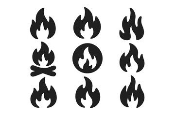 Various fire icons in different styles showcasing flames, bonfires, and campfires suitable for graphics and illustrations