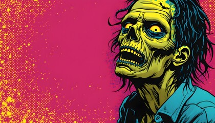 Vivid illustration of a haunted figure with yellow skin and wild hair against a bright pink background showcasing a surreal and eerie scene Generative AI