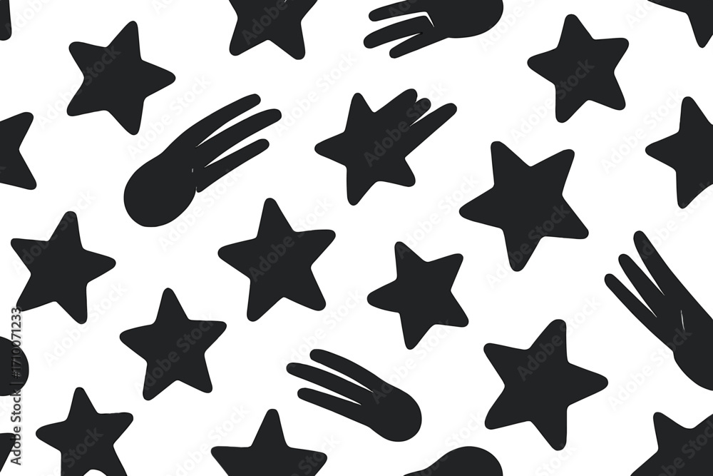 Poster black stars and comet shapes scattered on a white background in a fun and playful design