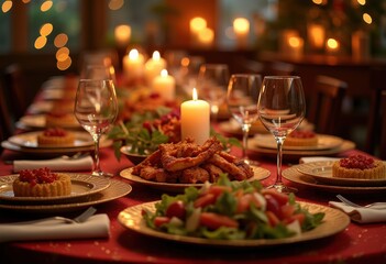 Glowing Candles Surrounded by Delicious Dishes on a Cozy Celebratory Dinner Table Warm Ambiance